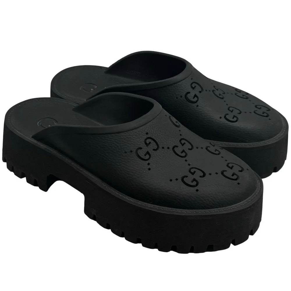 Authentic Gucci Rubber Slip-On Platform Mule Sandals Logo Statement Capsule 10